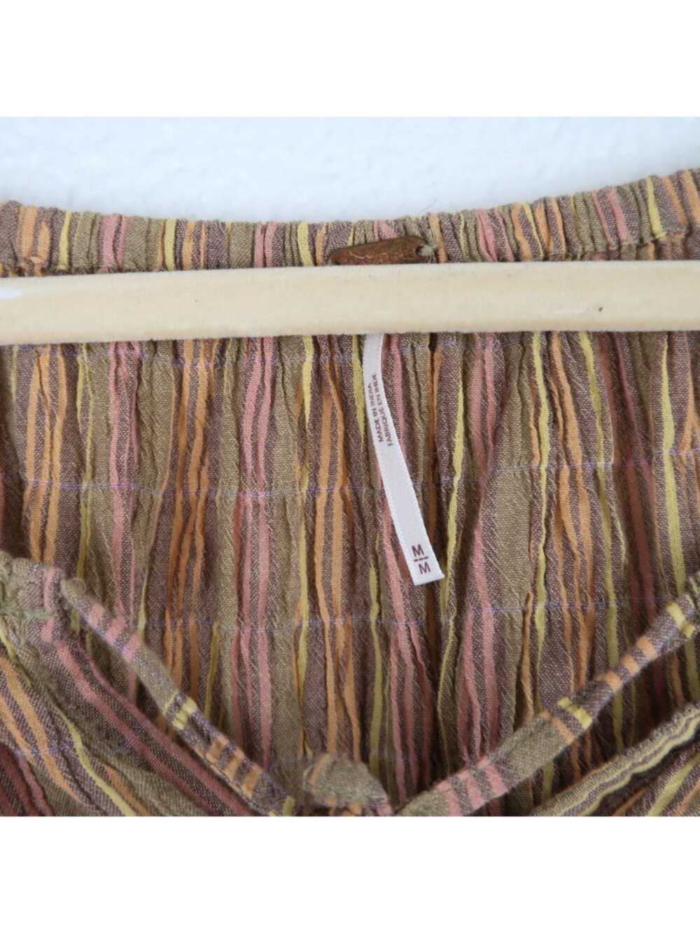 Free People M Striped Smocked Peasant Top Cropped Short Puff Sleeves Boho - Picture 2 of 5
